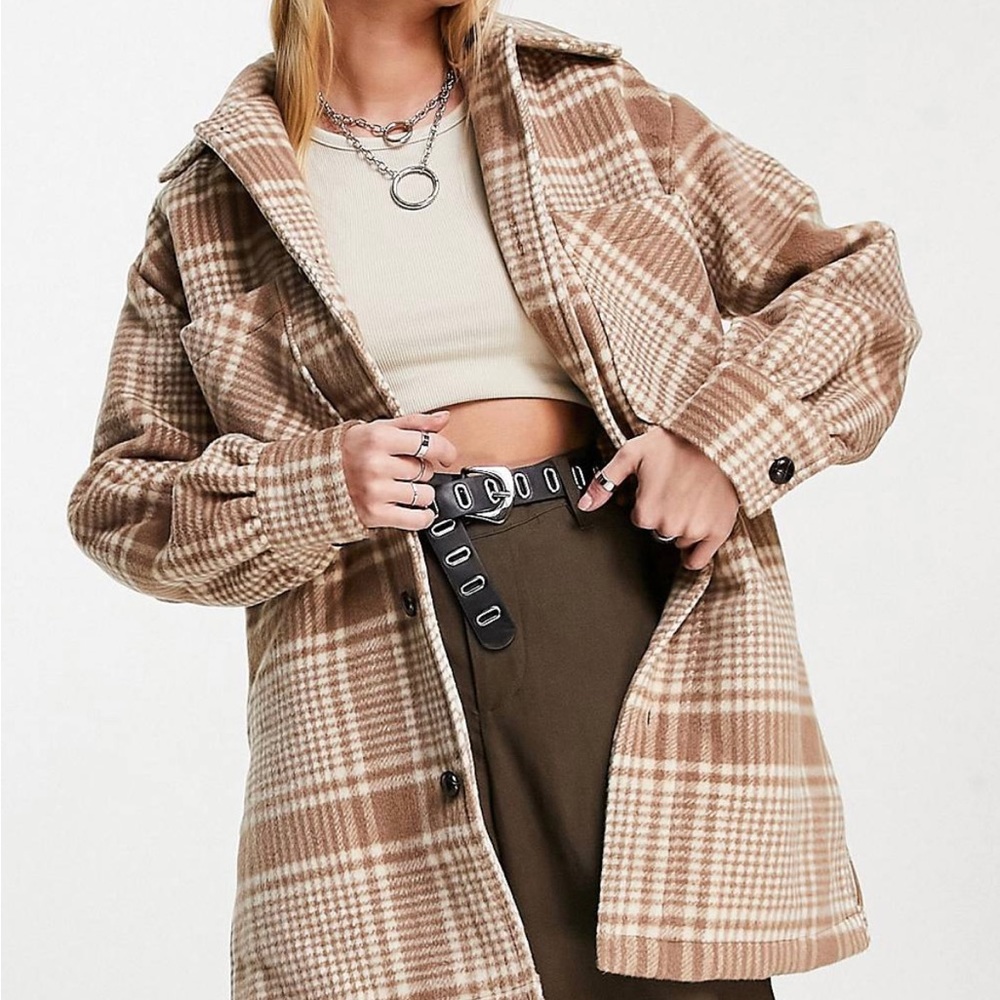 Violet Romance longline shacket in tan check